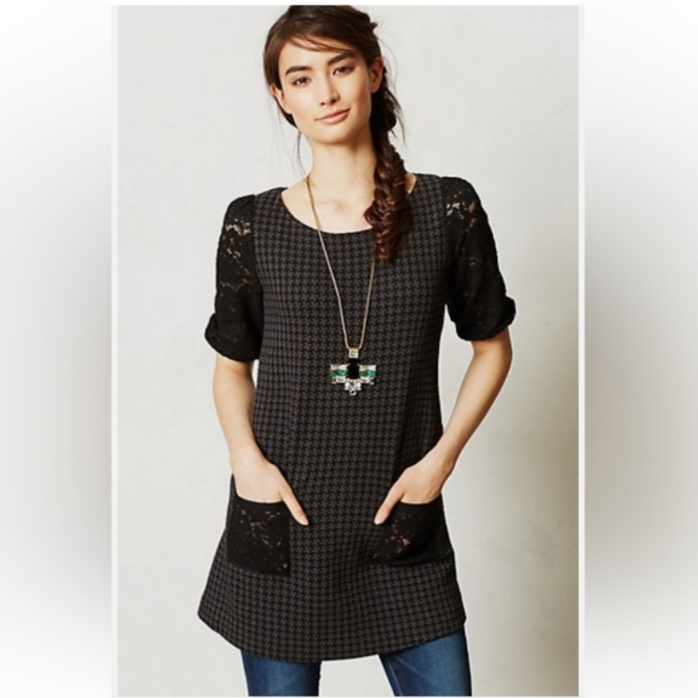 Anthropologie Postmark Black And Gray Houndstooth Mini Dress Size XS